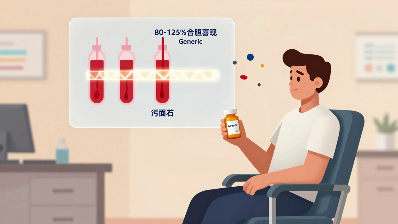 Patient with floating infographic showing bioequivalence and FDA standards, geometric illustration style.
