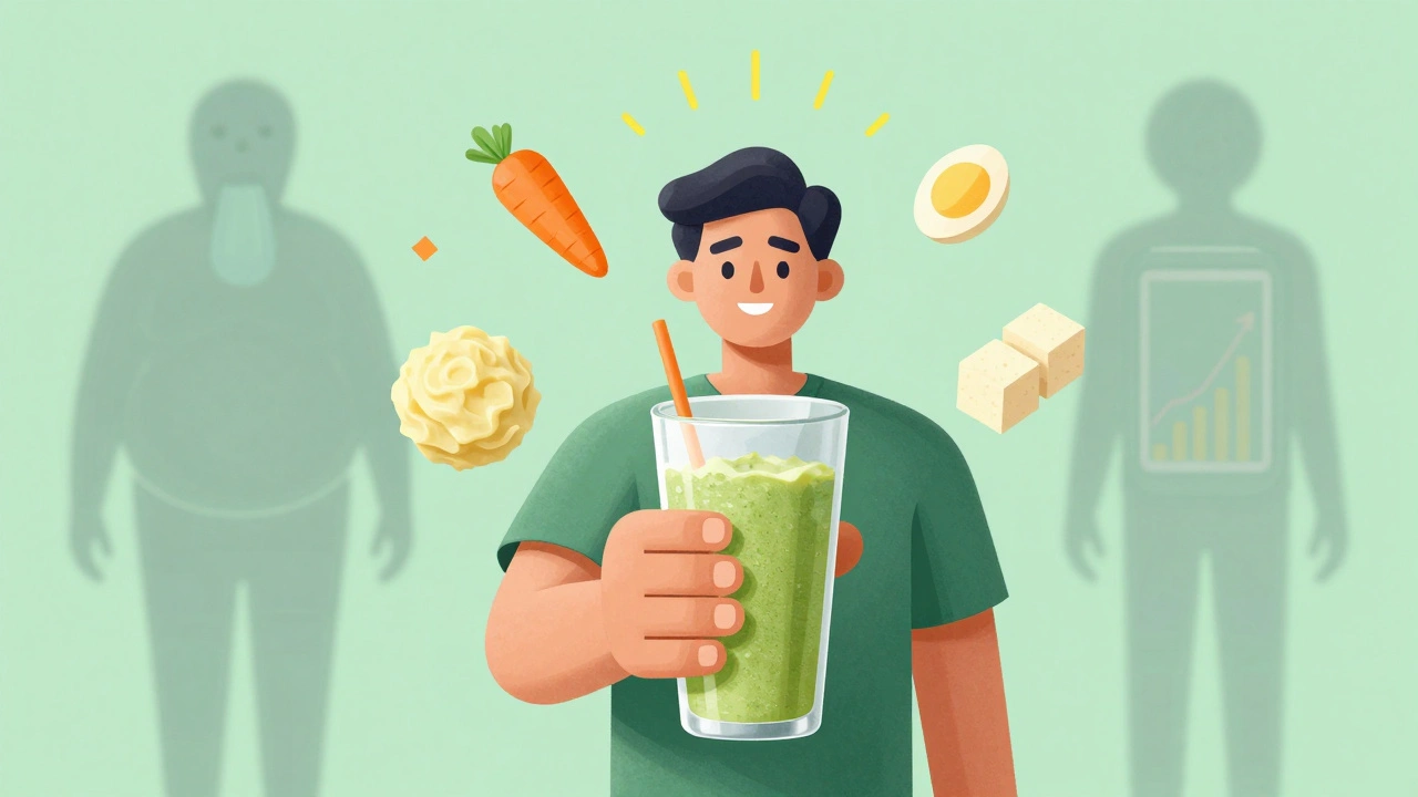 Person drinking a smoothie surrounded by safe foods, with negative symptoms fading in the background.