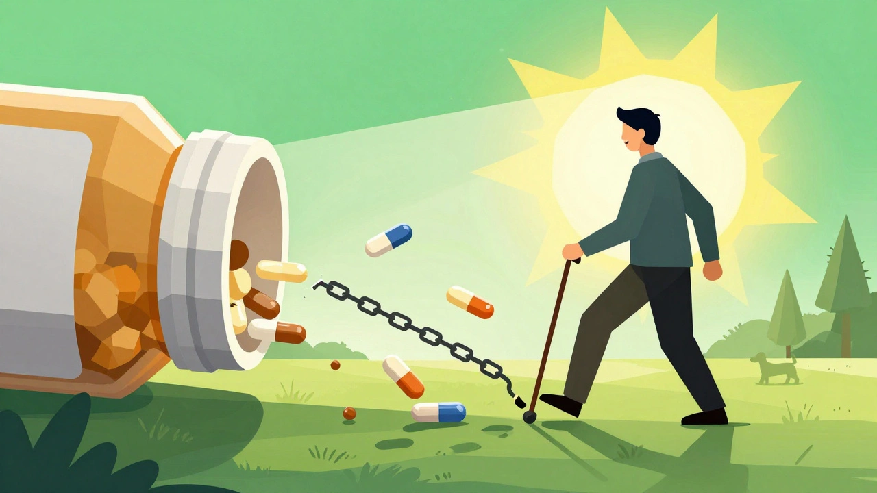 Person stepping free from pill bottle shadows into sunlight, symbolizing recovery from drug-induced lupus.