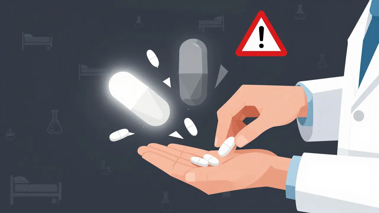 Pharmacist giving a generic NTI pill that splits into dangerous mismatched shards.