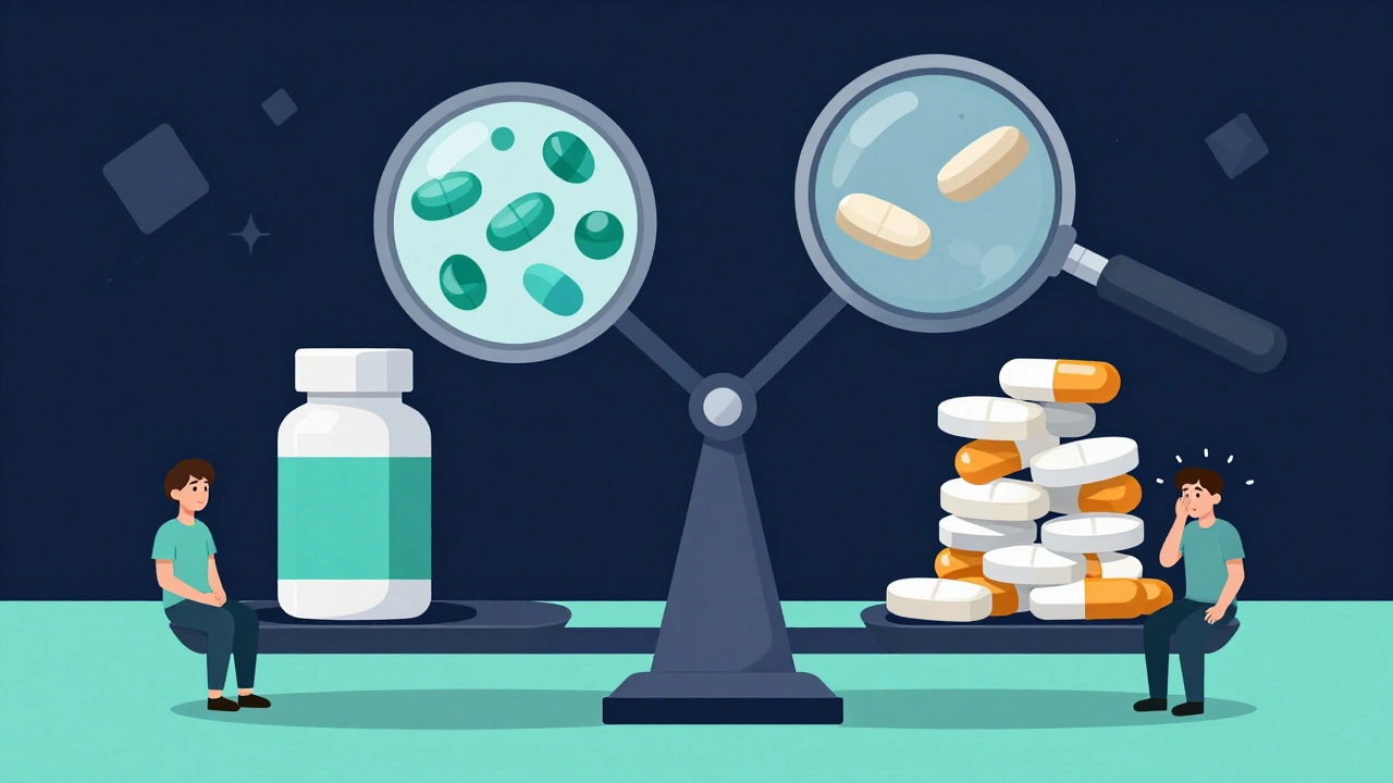 Scale balancing brand vs generic drugs, patient figures showing health differences