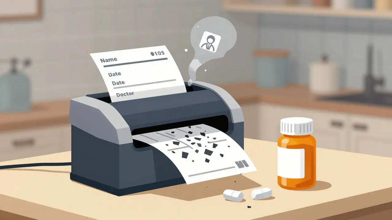 Shredder turning prescription label into fragments with data icons fading away