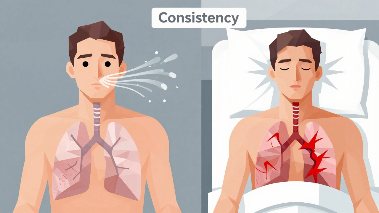 Split illustration showing airway clearance vs. infection flare-up with geometric breath and disease lines.