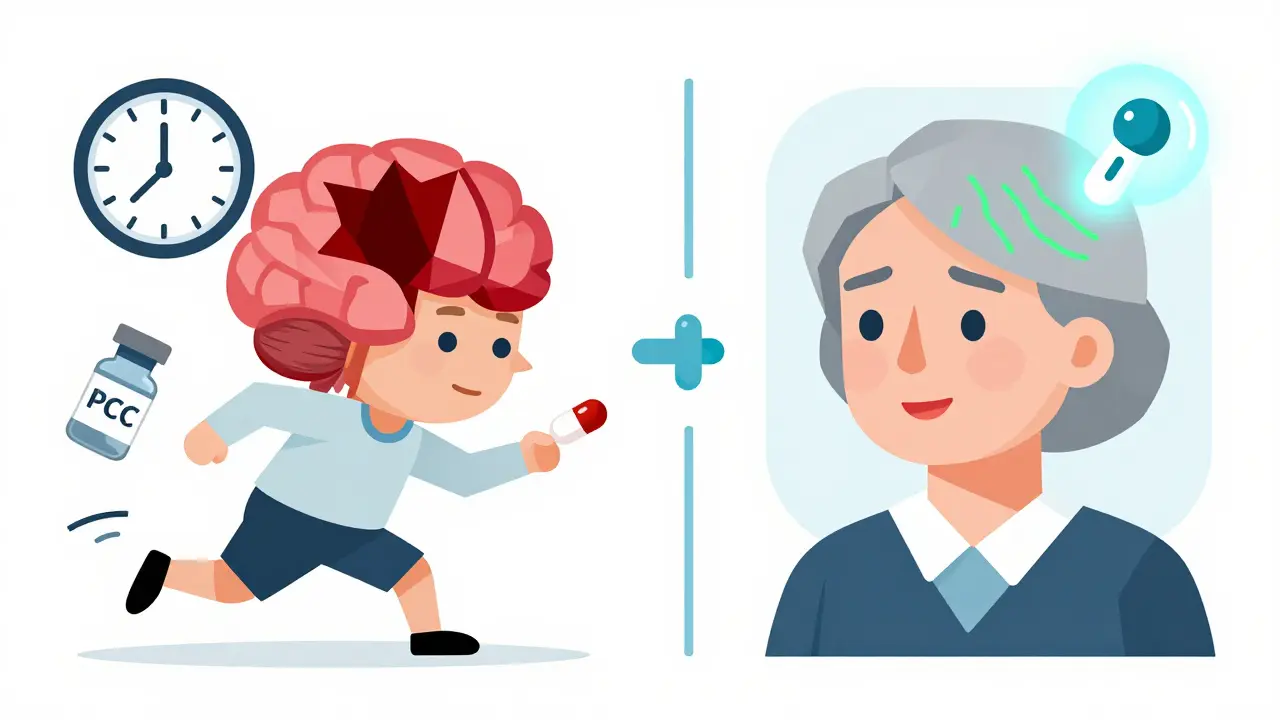 Split-panel geometric image comparing untreated and treated brain hemorrhage with future universal reversal agent.