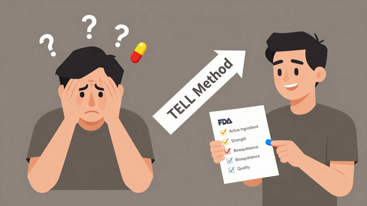 Split scene of patient&#039;s concern turning to understanding via the TELL method, geometric illustration style.