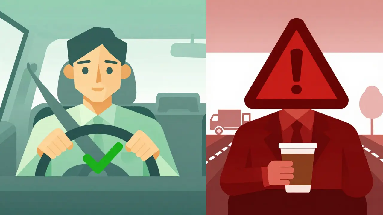 Split scene: safe antidepressant use vs. hidden OTC cold medicine with warning triangles