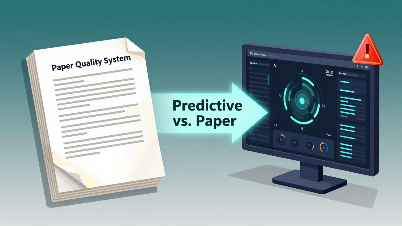 Split-screen showing paper quality system crumbling versus AI-driven real-time quality analytics