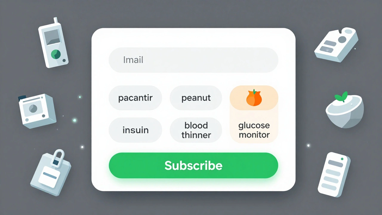 Subscription form for FDA alerts with keyword chips and icons of medical devices and food items.