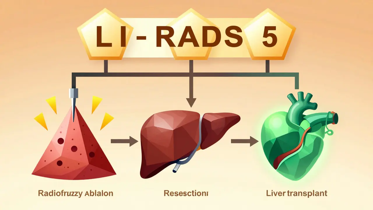 Three geometric treatment pathways: ablation, resection, and transplant for early liver cancer.
