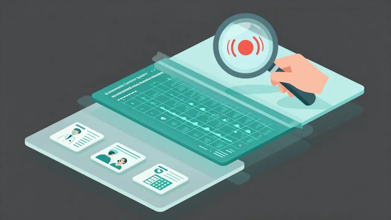 Three layered panels showing spontaneous reports, automated data systems, and a signal alert analysis.