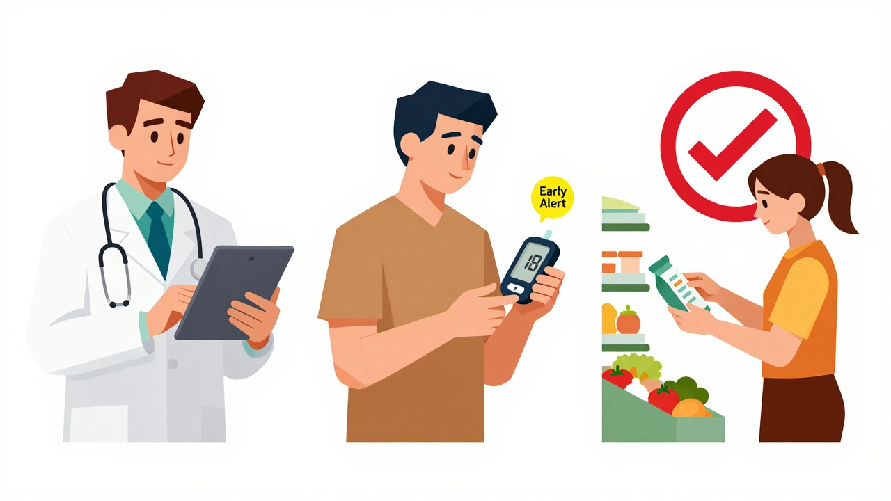 Three scenes showing doctor, patient, and shopper interacting with FDA safety alerts for devices and food.