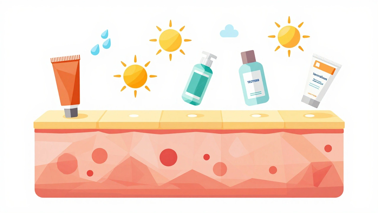 Timeline of steroid tapering from potent to mild cream, with supporting icons for moisturizer and alternatives.