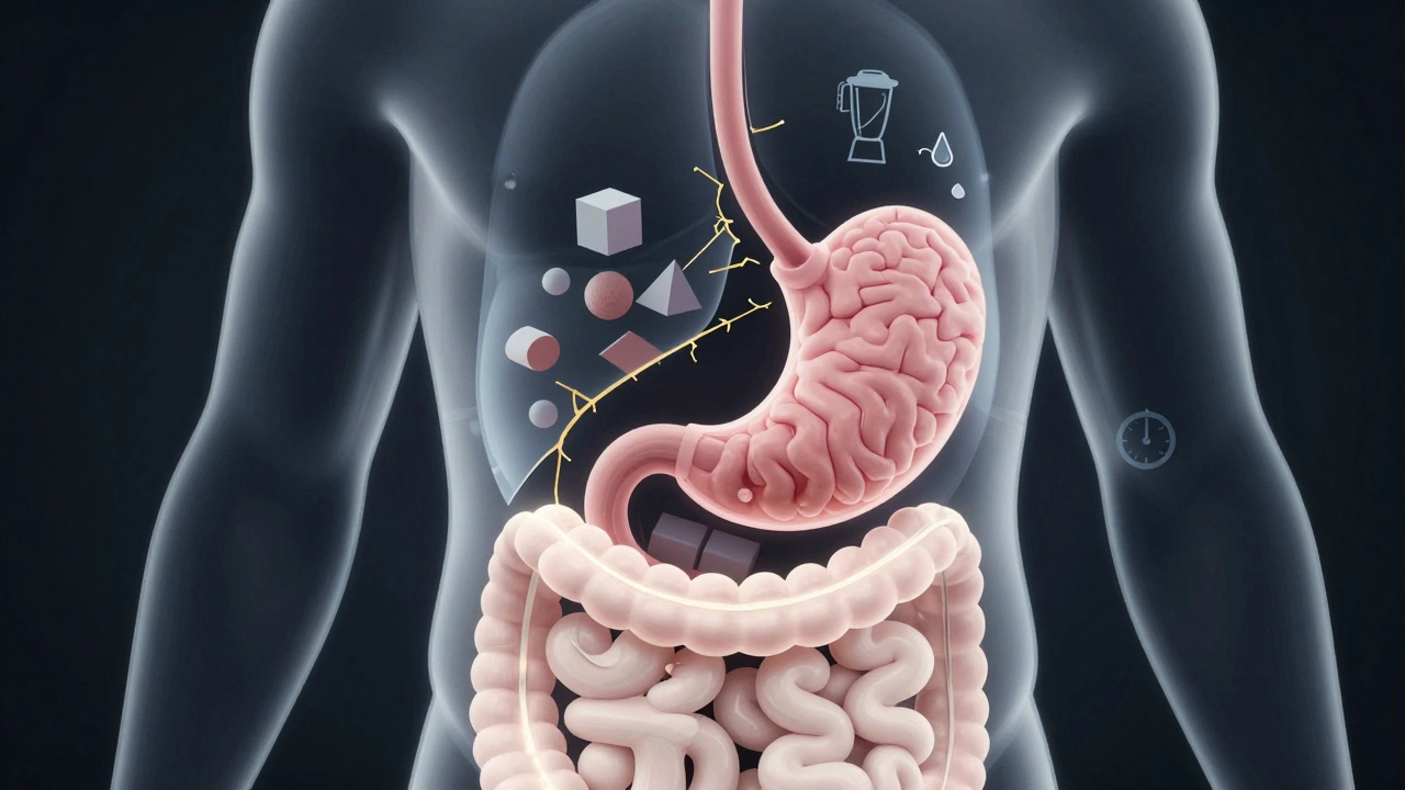 Transparent stomach with blocked food particles and a fractured nerve, illustrating delayed gastric emptying.