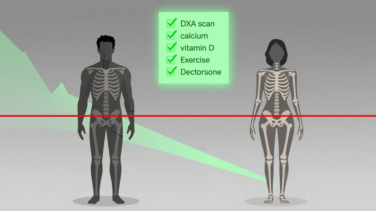 Two figures with thinning bones, marked by a 2.5 mg prednisone threshold and prevention checklist.