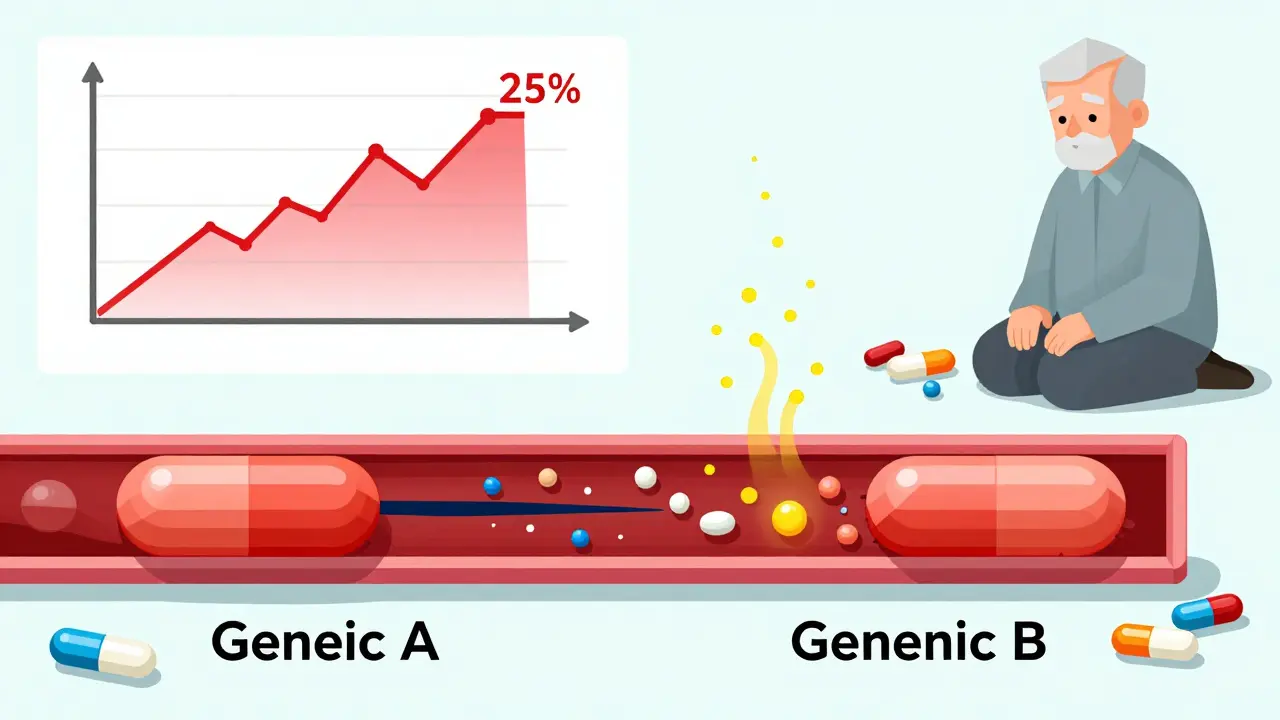 Two identical-looking digoxin tablets releasing different absorption patterns into a blood vessel, with other medications nearby and an unaware elderly patient.