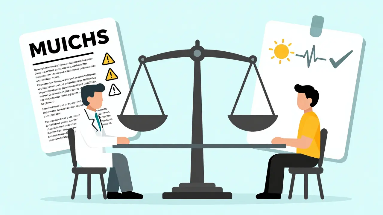 A doctor and patient at a balanced scale, contrasting alarming and calm medication information formats.