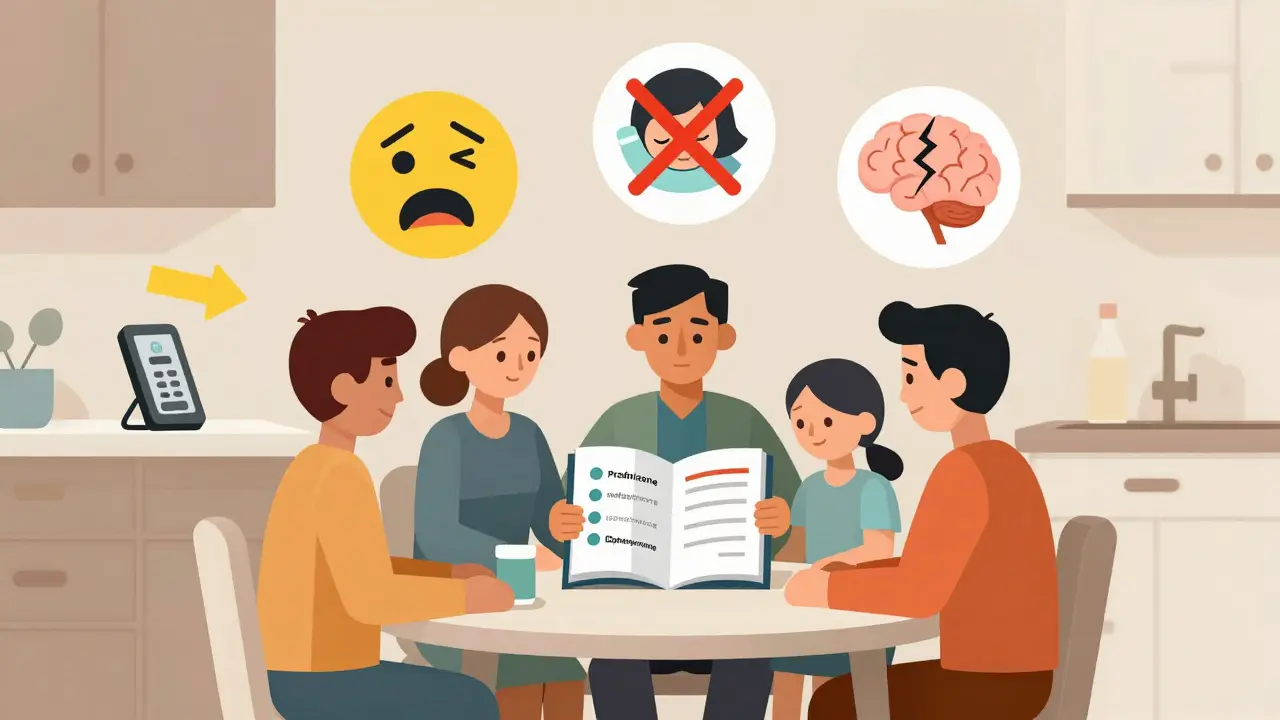 A family reviews a medication log at a table, with warning icons floating above them and a phone ready to call for help.
