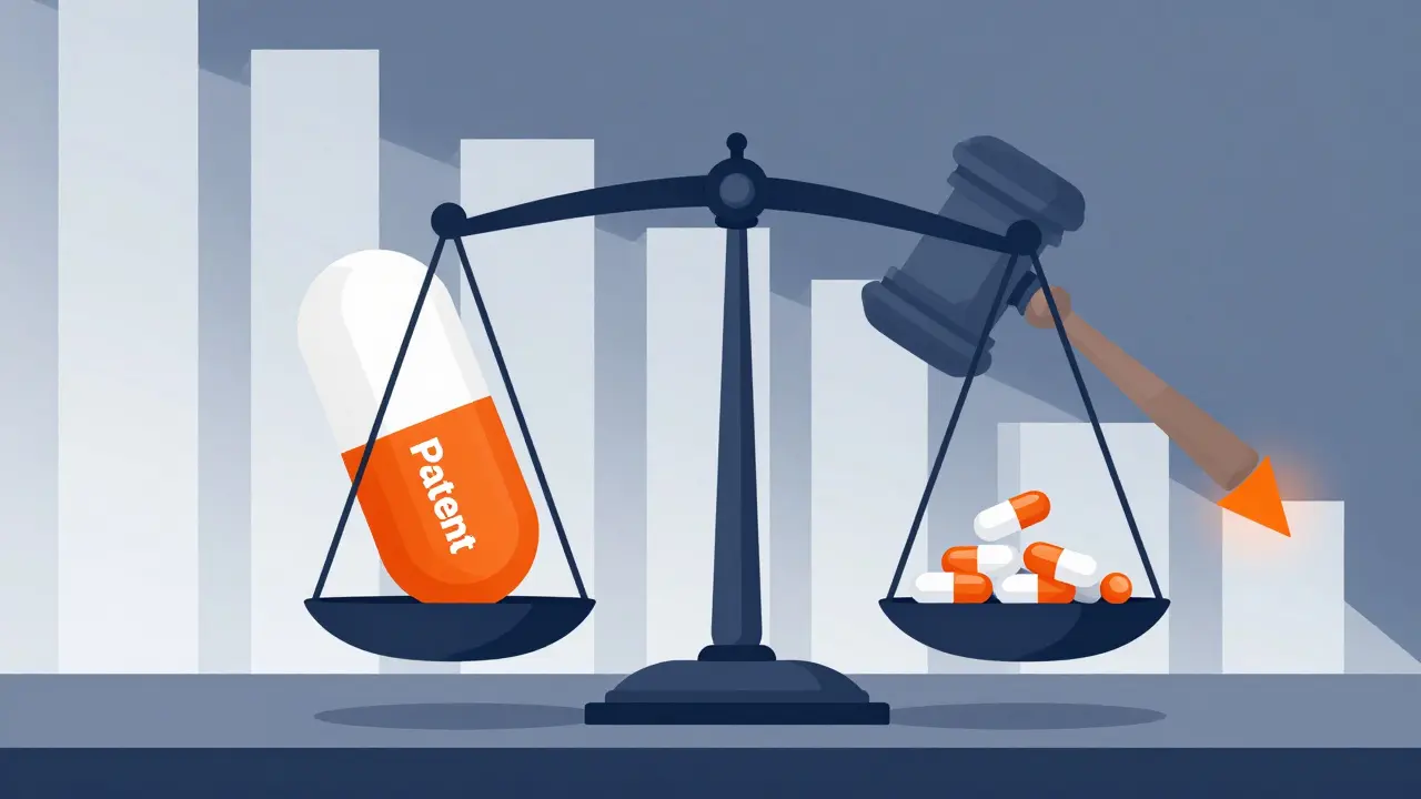 A geometric scale balancing a brand-name pill against multiple generic pills, with falling price graphs.