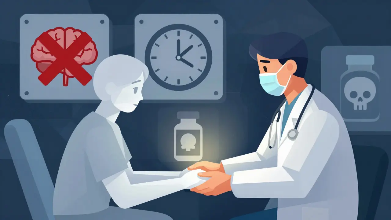 A medical worker comforts a patient in an ER, with warning symbols displayed as abstract geometric panels behind them.