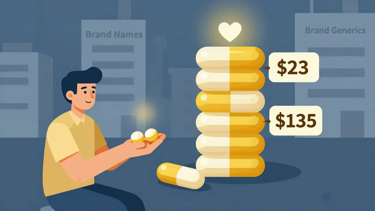 A patient holds two low-cost generic pills next to a tall stack of expensive brand-name pills.