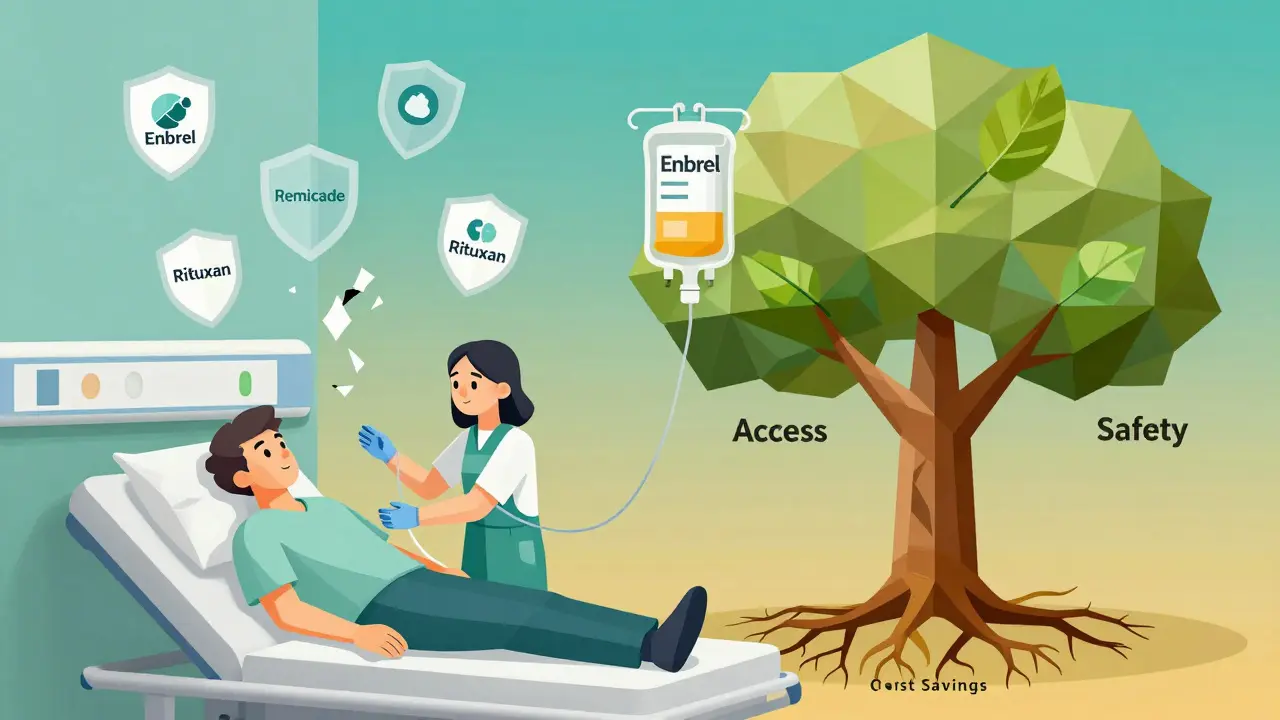 A patient receiving an infusion as a geometric tree grows from the IV bag, symbolizing cost savings, access, and safety with breaking patent shields in the background.
