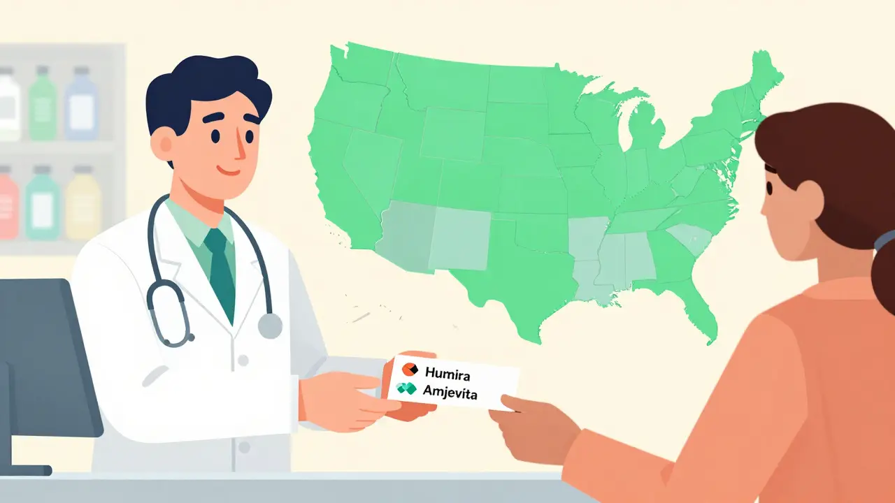 A pharmacist handing a prescription with two drug names, accompanied by a U.S. map highlighting states that allow pharmacist substitution.