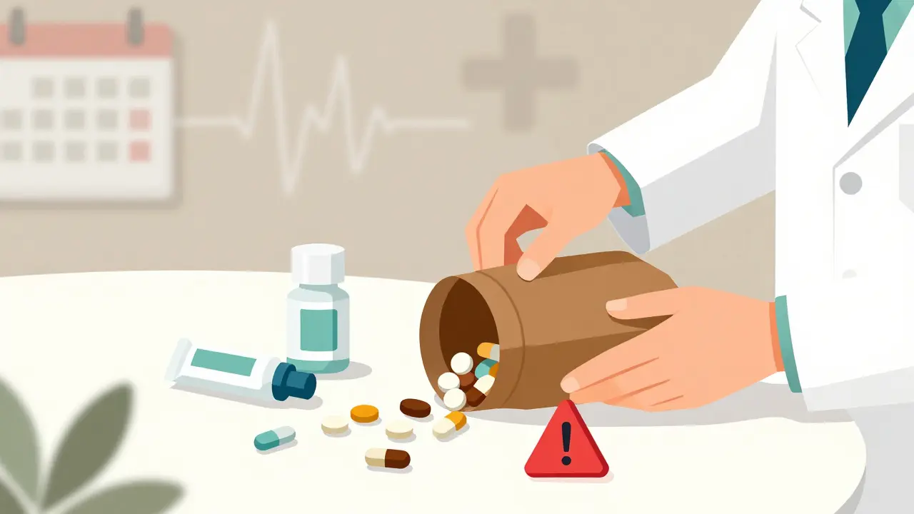 A pharmacist sorting pills and supplements from a brown bag using geometric shapes and icons.