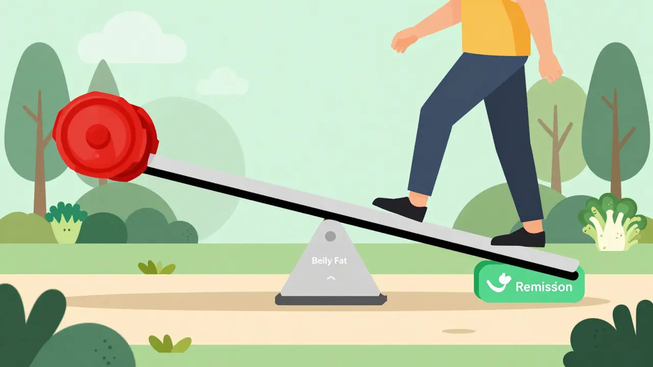 A scale tipping from heavy fat weights to light remission weights, with healthy lifestyle icons along a path.