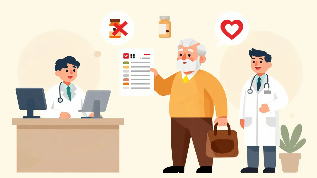 A senior smiling with an updated medication list, holding an empty brown bag beside a pharmacist.