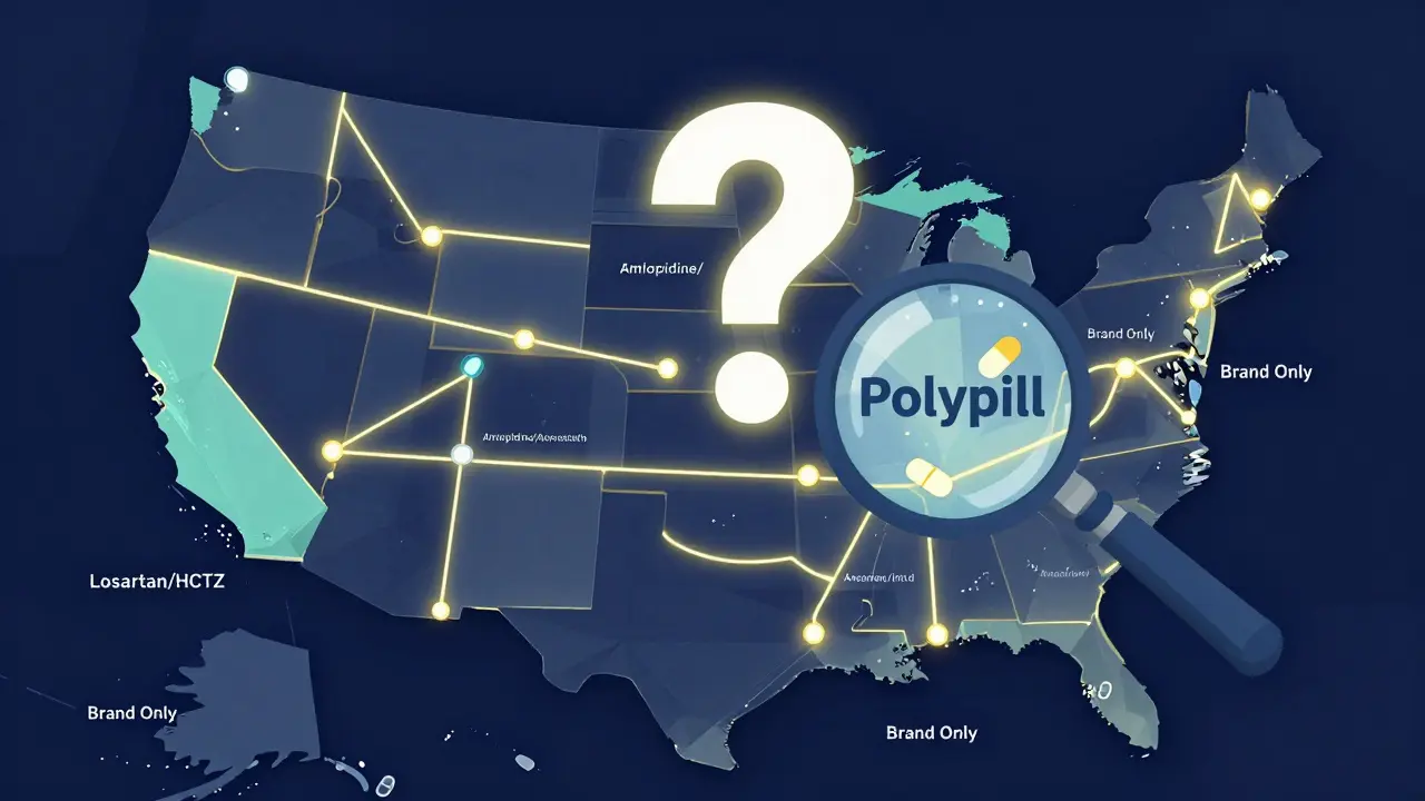 A U.S. map shows cities with combination heart pills glowing, while others still use multiple pills.
