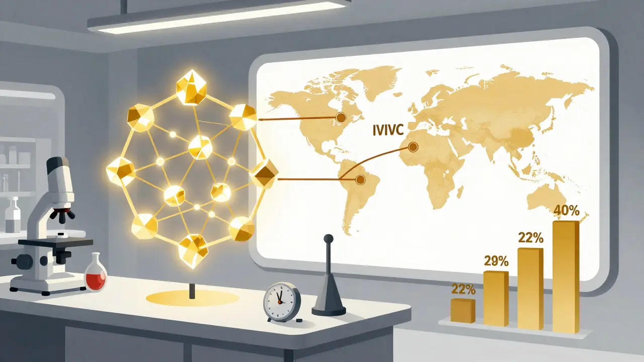 AI analyzing drug data streams on a global map, with rising IVIVC adoption percentages leading to 2027.