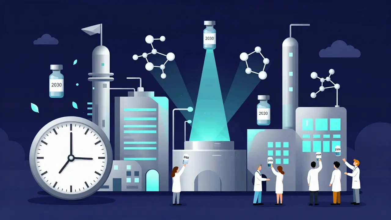 Biosimilar factory producing affordable biologics with patent expiration dates falling like leaves.