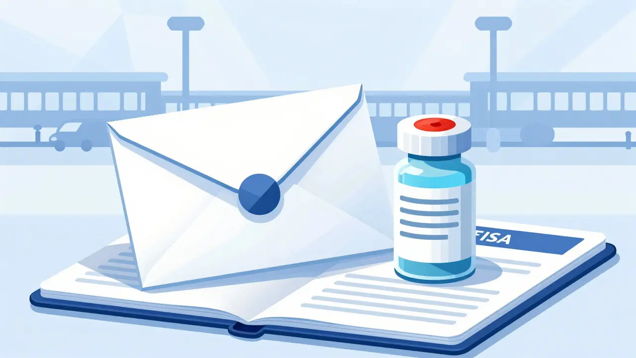 Doctor’s letter and original prescription bottle beside a passport, with stylized international borders in the background.