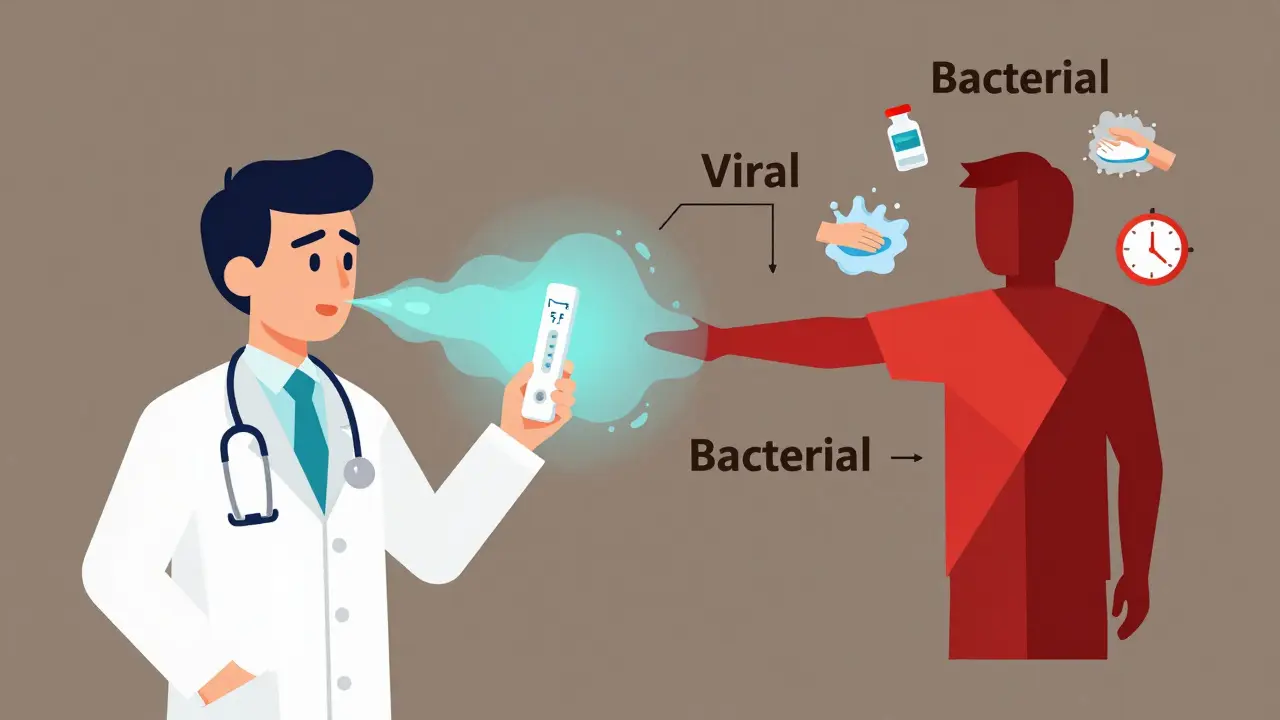 Doctor using a rapid test to distinguish viral and bacterial infection paths with icons of prevention.
