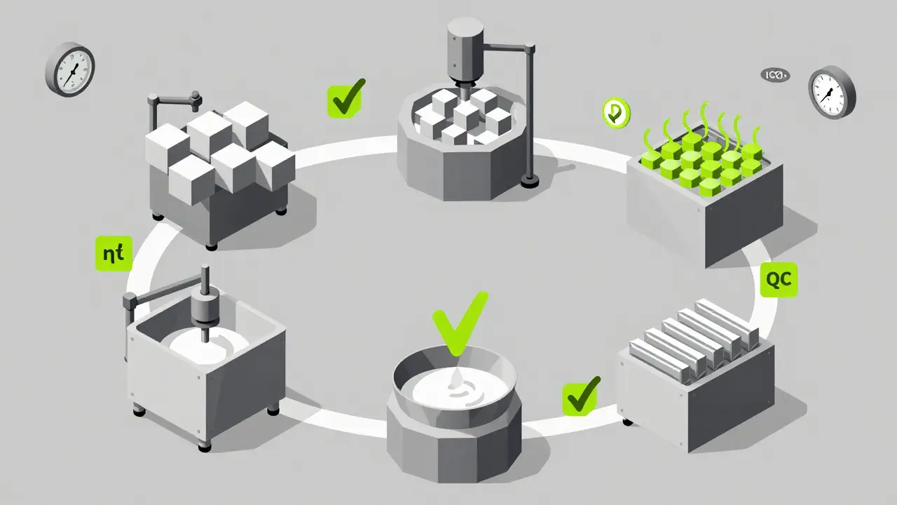 Geometric flowchart of generic drug manufacturing steps in a cleanroom environment.