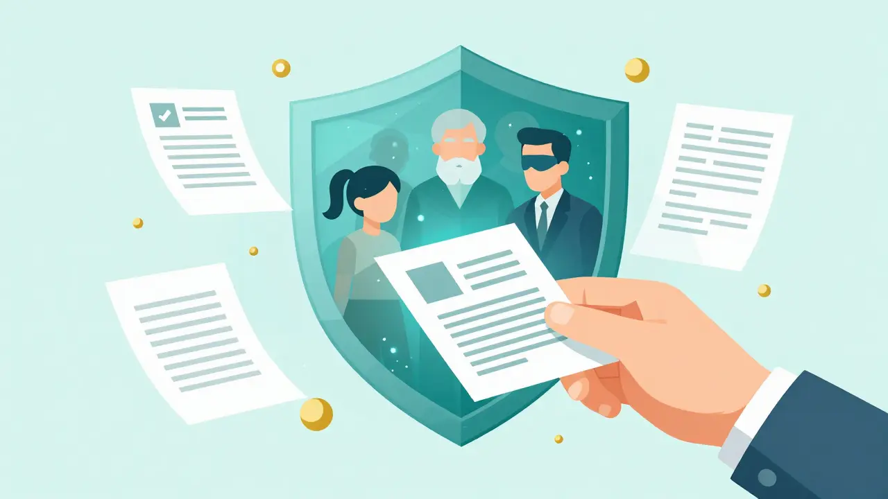 Hand submitting a report into a protective shield-shaped portal, safeguarding vulnerable individuals.