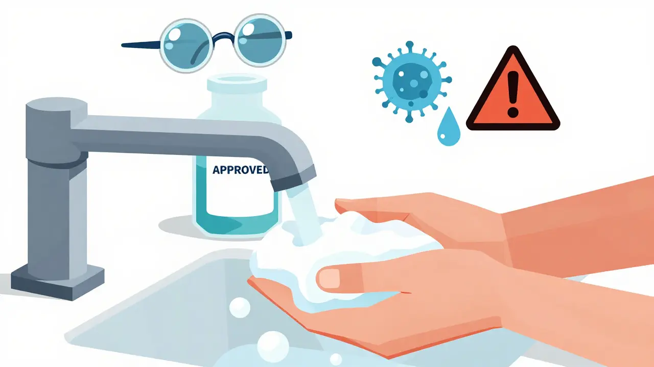 Hand washing with soap bubbles and contact lenses in approved solution, contrasted with contaminated water and broken lens.