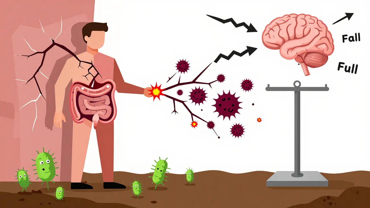 Illustration showing leaky gut and inflammation affecting metabolism and brain signals.