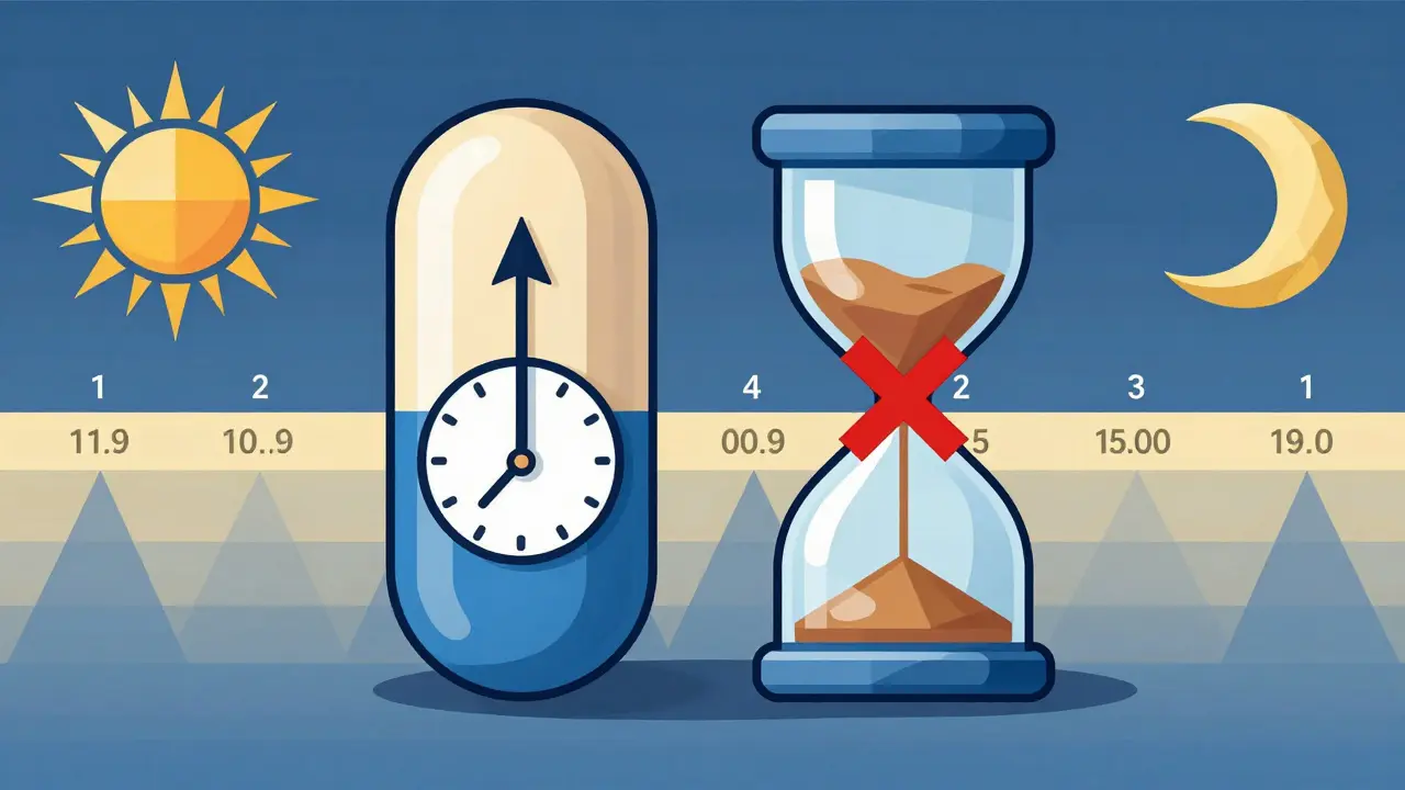 Immediate-release melatonin arrow vs. slow-release hourglass, with red X over the latter and circadian clock in background.