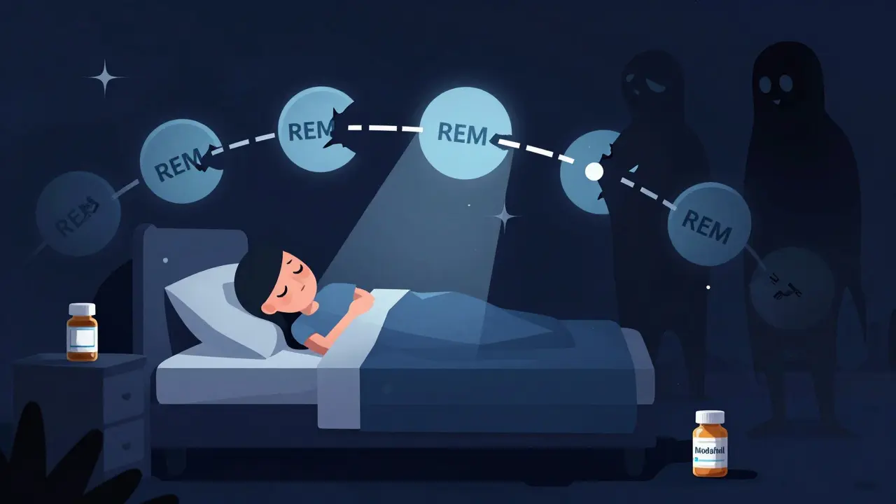 Nighttime scene with fragmented sleep cycles and hallucinations, lit by a pill bottle representing narcolepsy treatment.