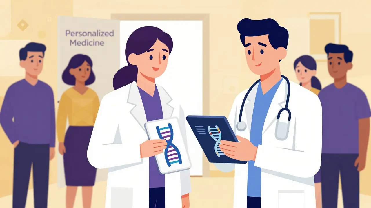 Pharmacist and doctor using genetic data to guide diverse patients toward personalized medicine.