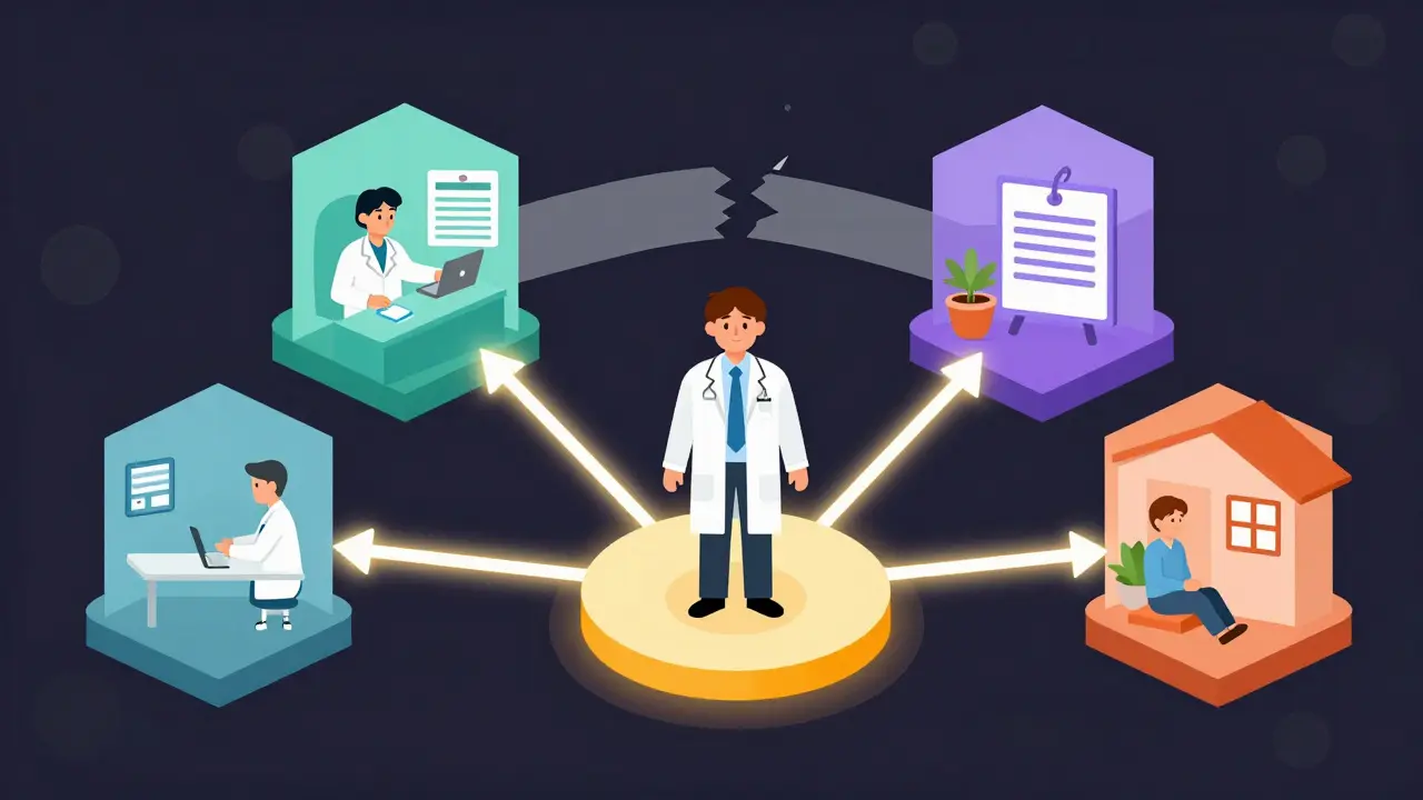 Pharmacist connected to healthcare system nodes with one broken link