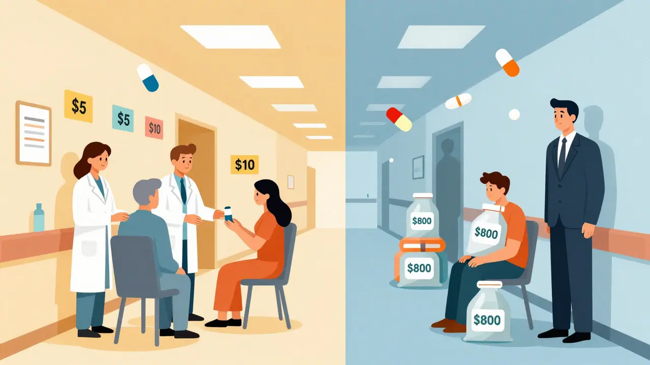 Split hospital scene: affordable generics on one side, costly brand drugs on the other, with shadowy middlemen hidden in walls.