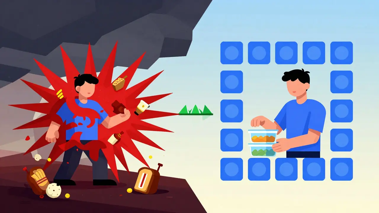 Split scene contrasting chaotic emotional eating with organized healthy habits using geometric shapes.