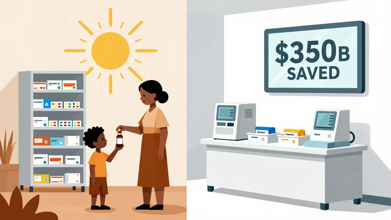 Split scene: generic medicines in a low-income village and automated dispensing in a U.S. pharmacy.
