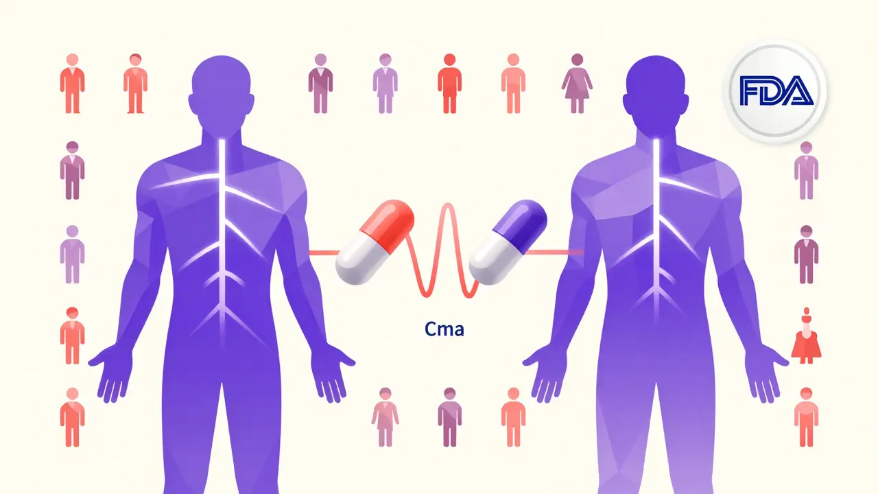 Stylized human body with glowing blood flow showing identical drug absorption from generic and brand pills.