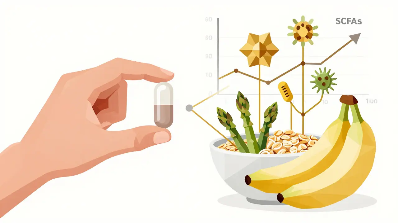 Synbiotic combination of probiotics and fiber promoting healthy gut bacteria growth.