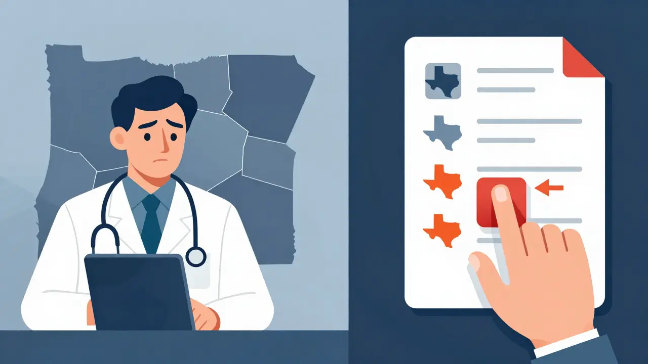 Telehealth provider facing conflicting state laws, with abstract state outlines and a report button.