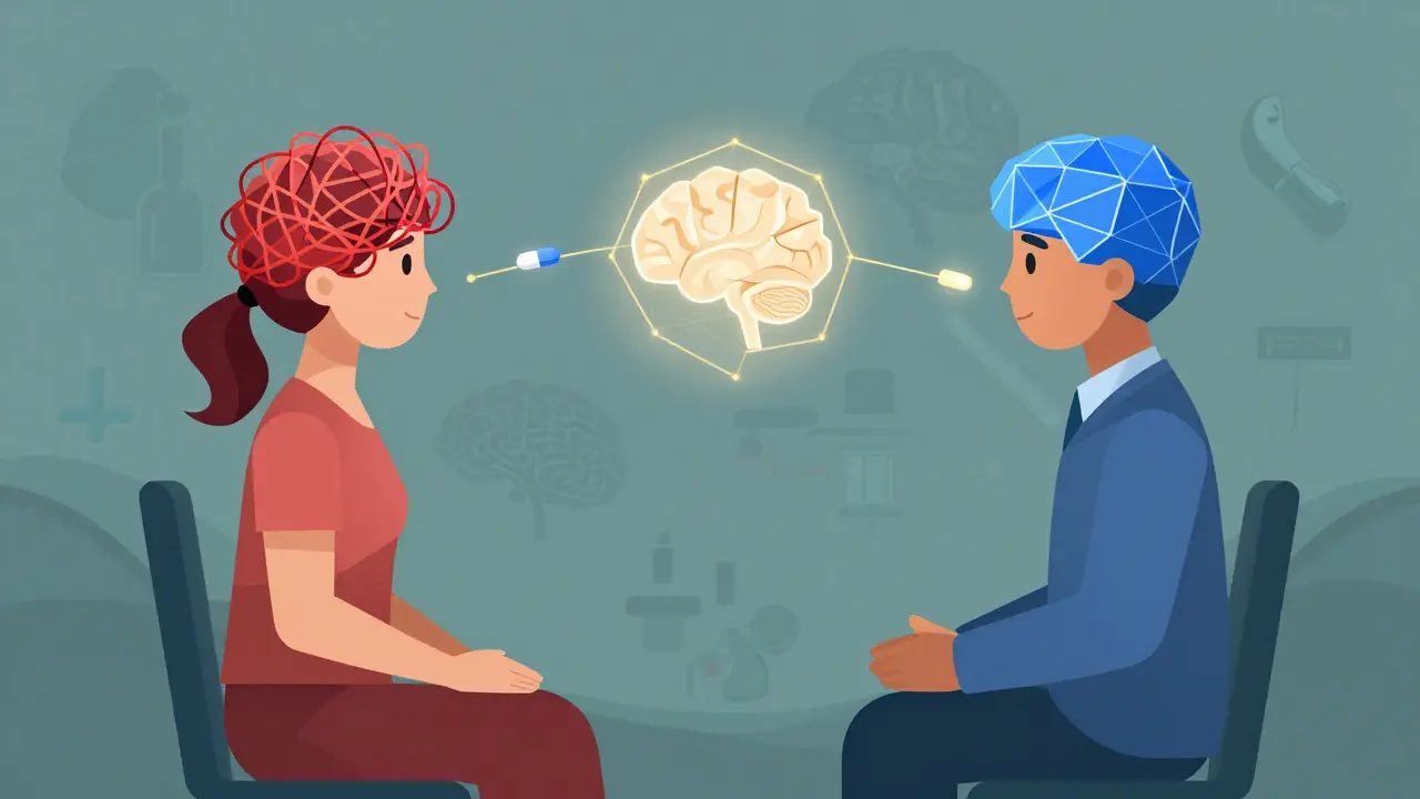 Therapist and client connected by geometric thought networks with a medication symbol between them.