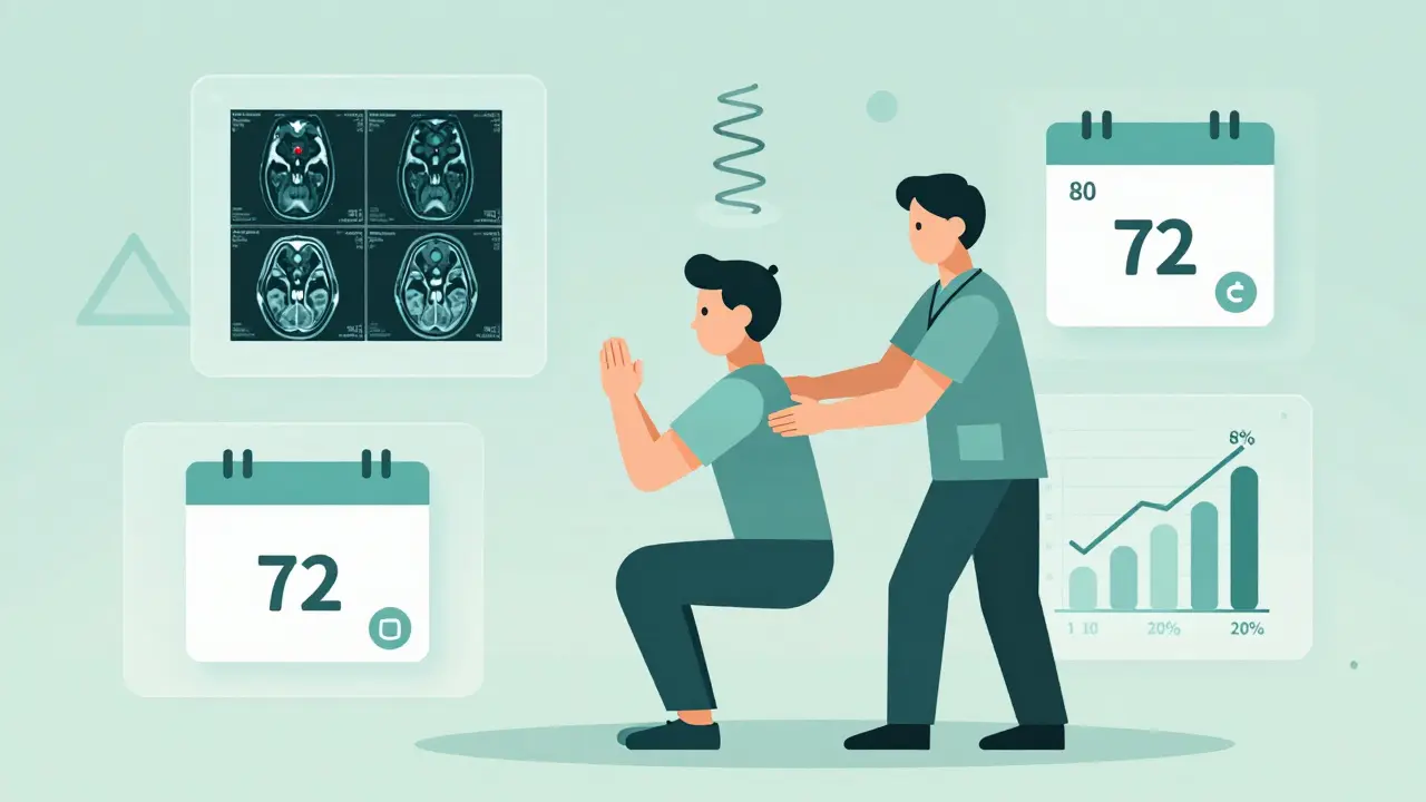 Therapist guiding patient in squat with geometric tools showing movement, timing, and brain retraining for back pain.